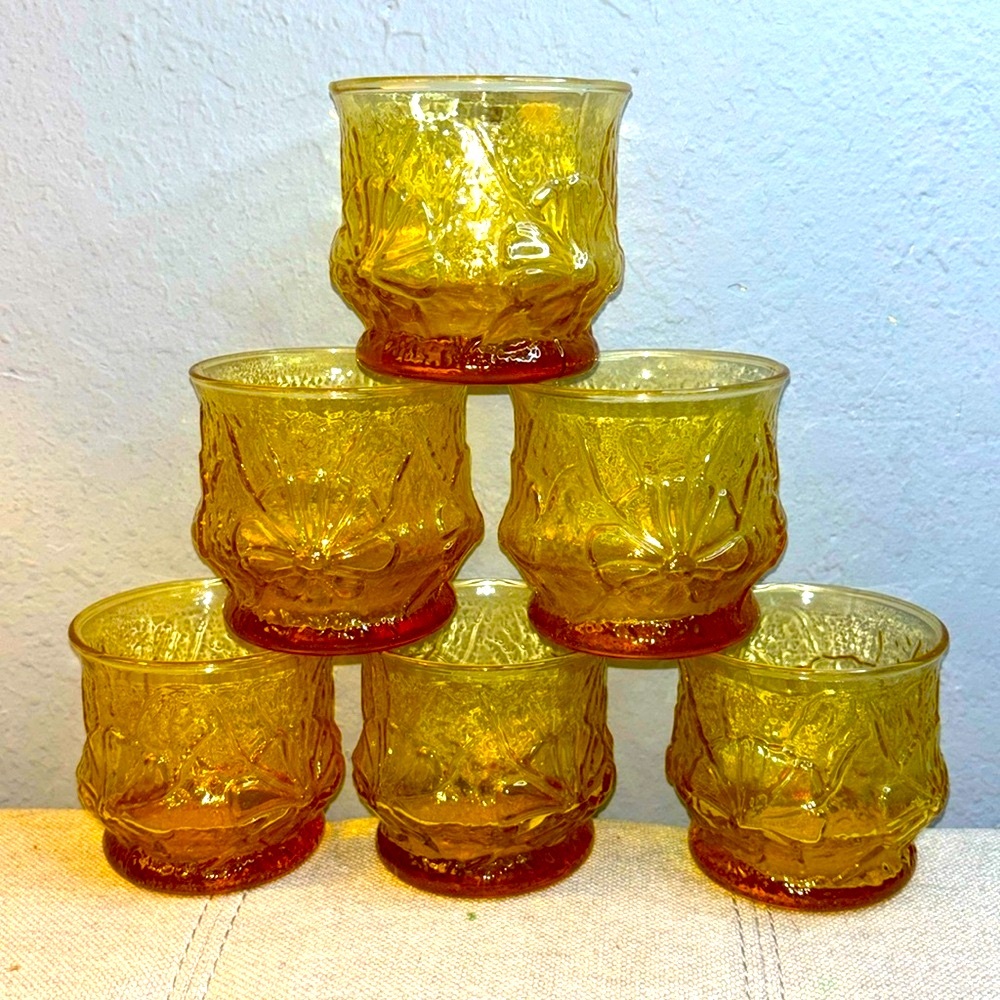 6 Vintage Rainflower Amber by ANCHOR HOCKING Old Fashioned
